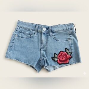 Express Low Rise Shortie Tose Floral Embroidered Cutoff Denim Shorts Size 00